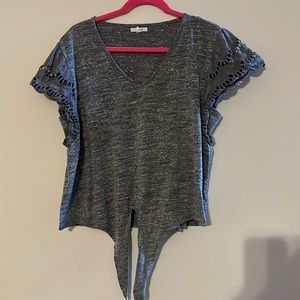 Maurice tie front gray top with open design loose sleeves.